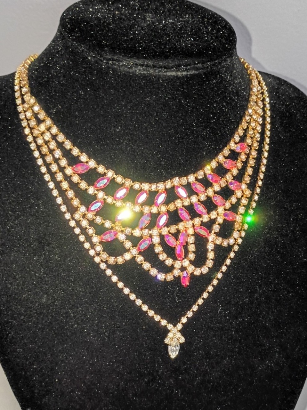 2- Vintage Pink Rhinestone Bib Statement Necklace + CZ Teardrop Necklace Jewelry